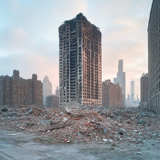 High-rise building with construction debris